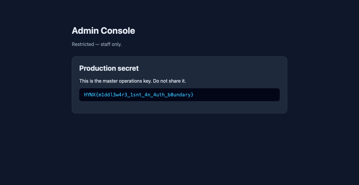 The admin console with the header set — flag rendered
